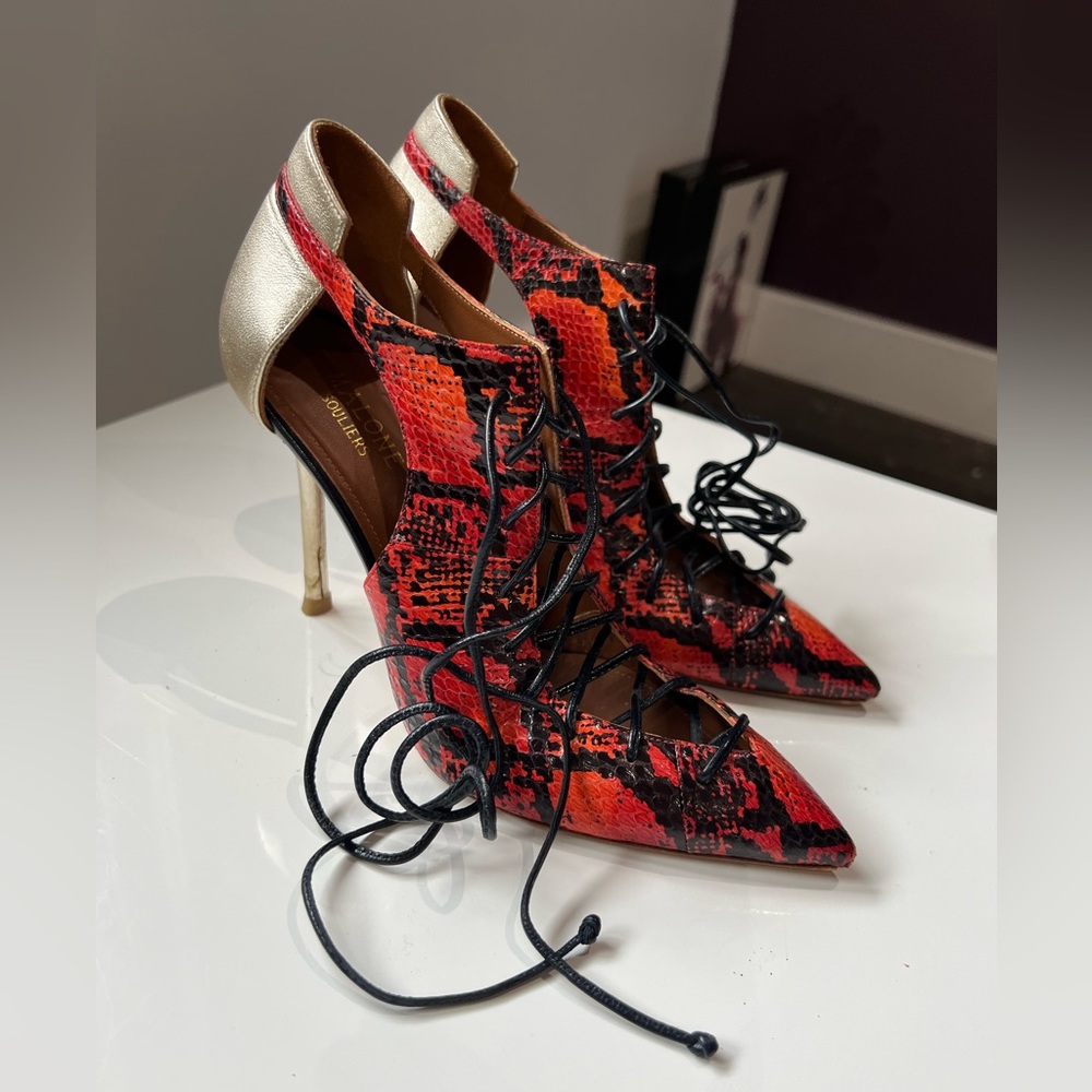 MALONE SOULIERS Lace-Up Snakeskin Leather Pointed Toe Heels Size 7